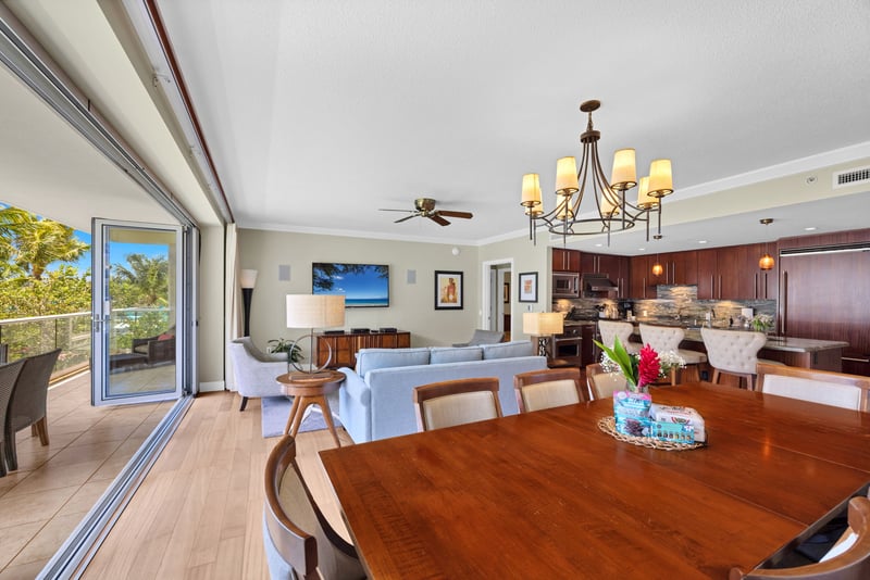 Dining area with views of the lush resort grounds