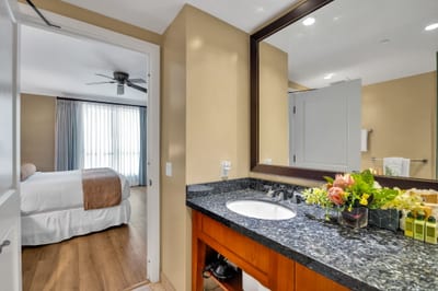 Guest bath with granite vanity and fresh touches