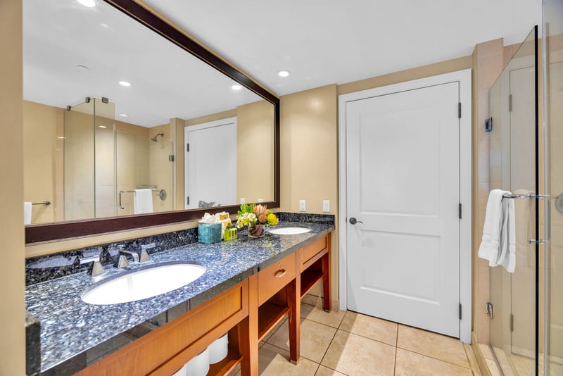Guest bathroom with dual sinks and walk-in shower