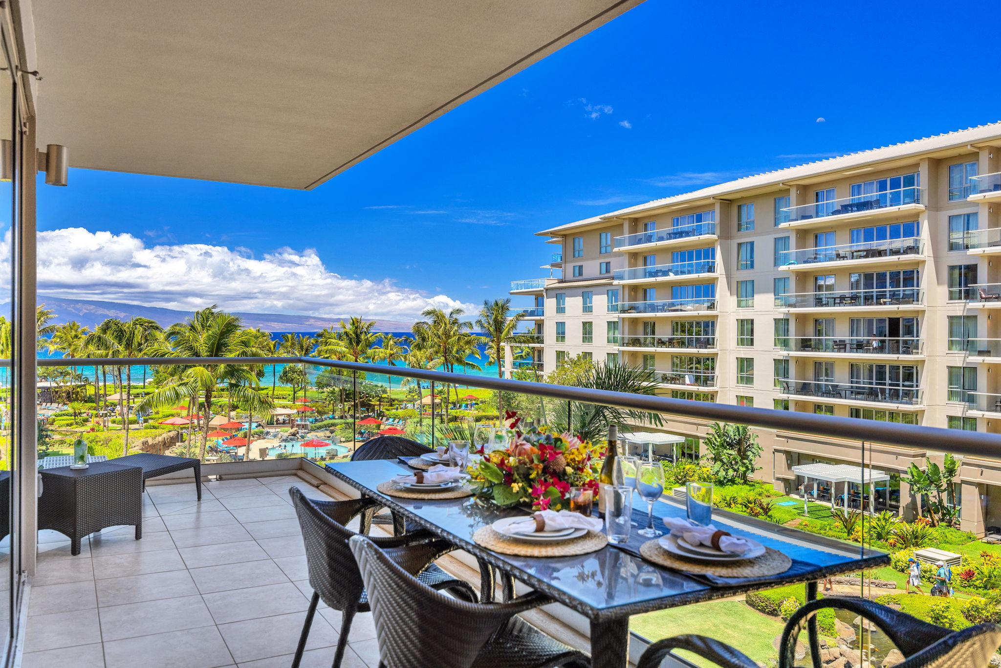 Spacious lanai overlooking the resort and ocean