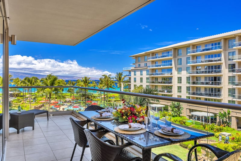 Spacious lanai overlooking the resort and ocean