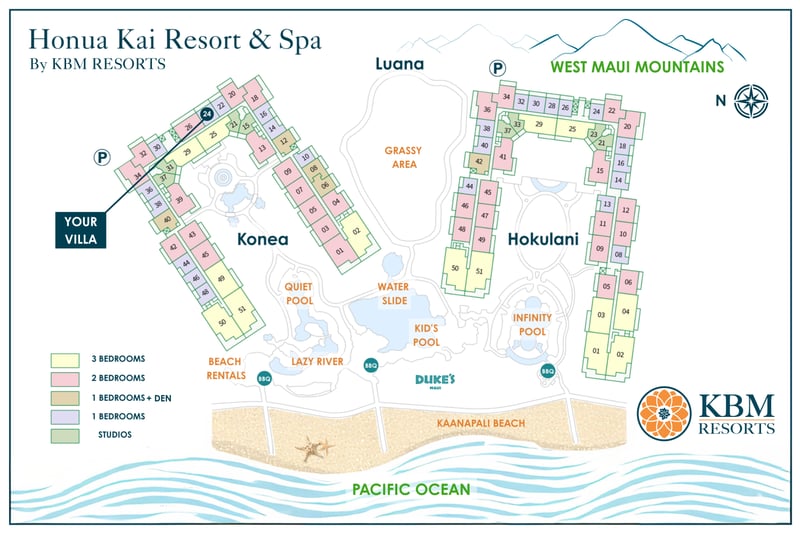 Honua Kai Resort site map showing Konea building 24's location, home to villa 424, near the lazy river and Kaanapali Beach. HKK-424