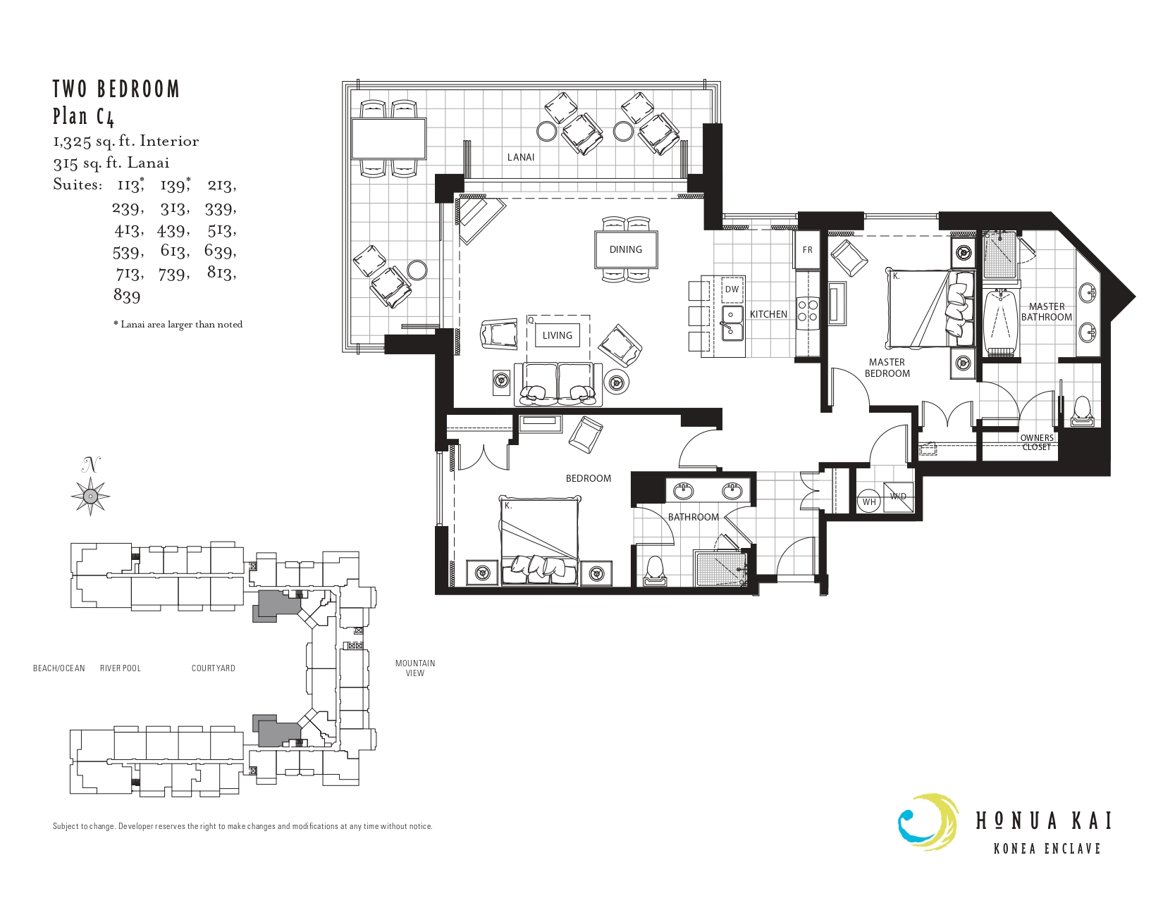 This detailed floor plan shows the spacious layout of your 2-bedroom villa, including open living areas and dual ensuite baths. HKK-439