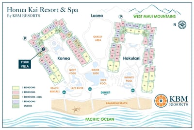 See exactly where your villa is nestled within Honua Kai, just steps from pools, beach paths, and Duke’s restaurant.