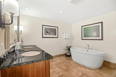 Your spa-style bathroom with soaking tub and double vanity for post island wind-downs