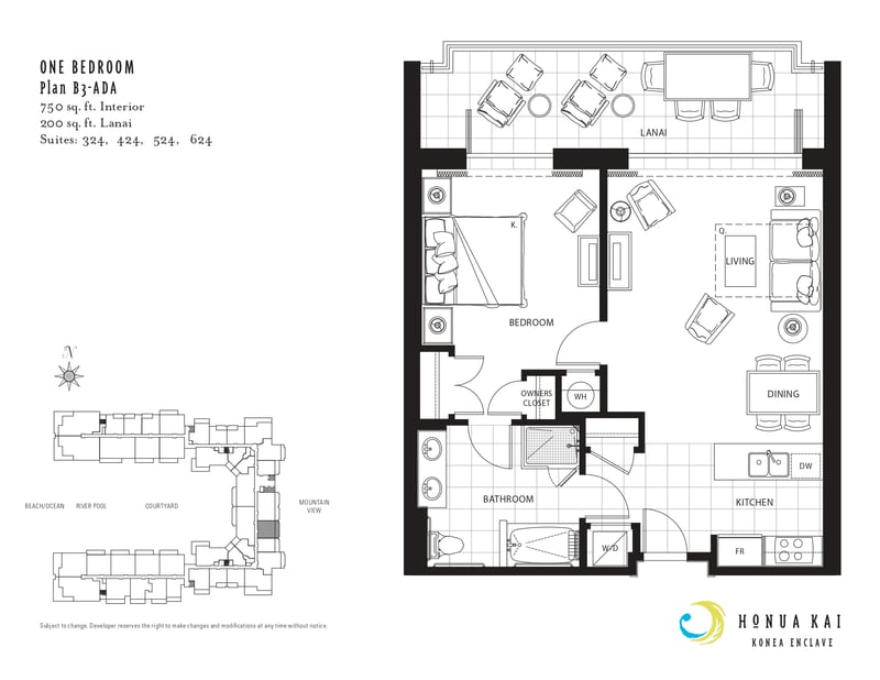 Floor plan for this One-Bedroom Plan B3-ADA layout at Honua Kai Konea 524, with 750 square feet interior plus a 200 square foot lanai.