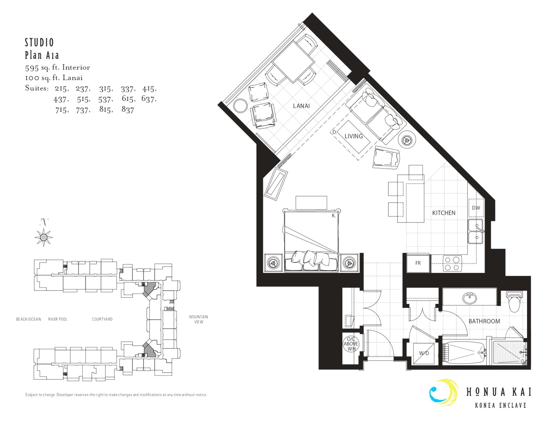 This floor plan highlights your studio’s smart layout, where the sleeping, living, kitchen, and lanai areas connect into one easy flowing space.