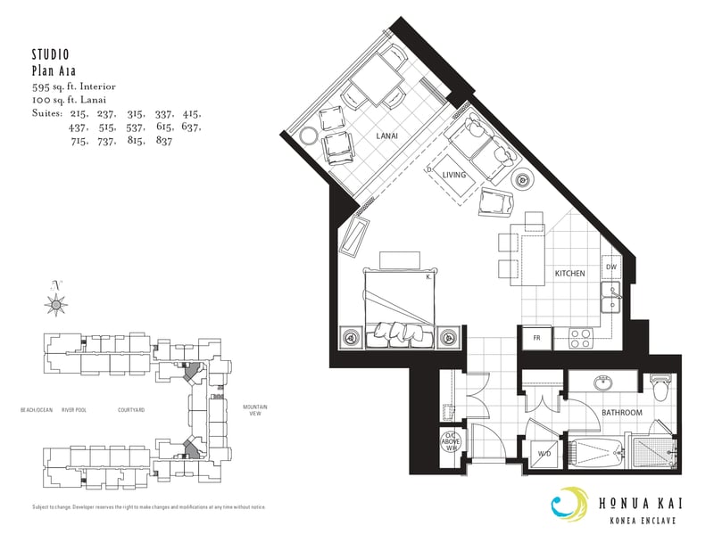 This floor plan highlights your studio’s smart layout, where the sleeping, living, kitchen, and lanai areas connect into one easy flowing space. HKK-537