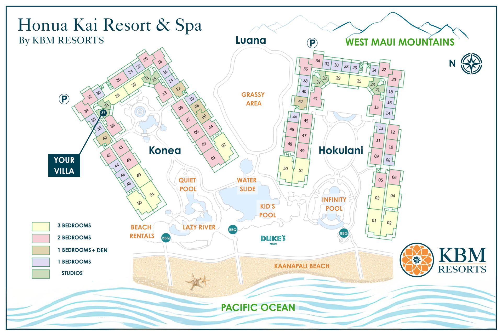 A detailed resort map shows Honua Kai’s beachfront setting, pools, and amenities so you can easily explore everything available during your stay.