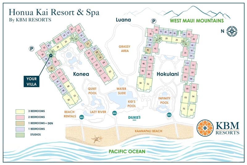 A detailed resort map shows Honua Kai’s beachfront setting, pools, and amenities so you can easily explore everything available during your stay. HKK-537