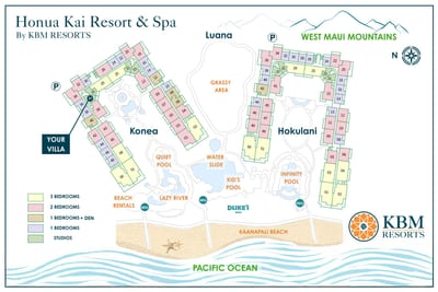 A detailed resort map shows Honua Kai’s beachfront setting, pools, and amenities so you can easily explore everything available during your stay. HKK-537