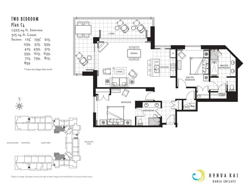 Floor plan at Honua Kai Konea 539 — two-bedroom Plan C4 layout with 1,325 sq. ft. interior and a 315 sq. ft. lanai