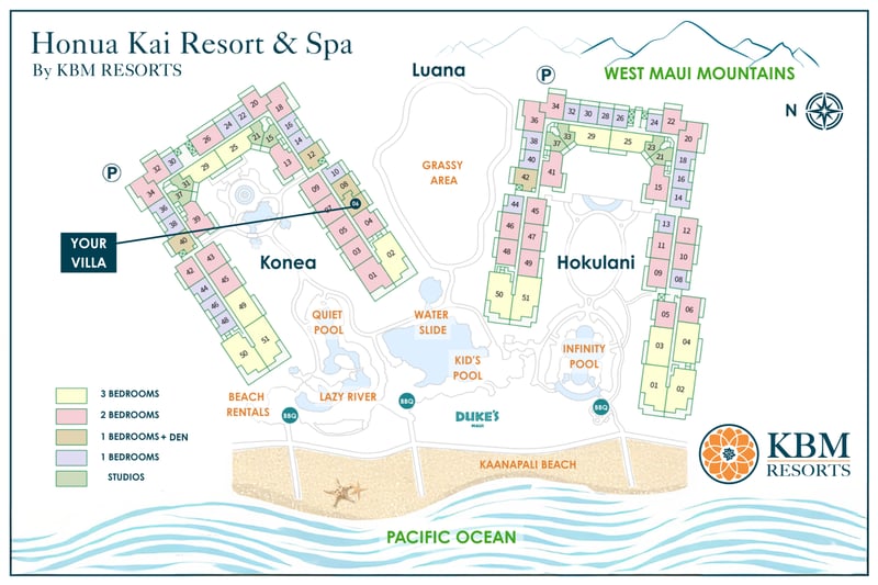 Resort map for Honua Kai Konea 706 — villa location within the Konea building, steps from Kaanapali Beach and the resort pools