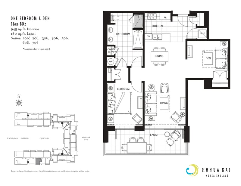 Floor plan for Honua Kai Konea 706 — One Bedroom and Den layout, 945 sq ft interior plus 180 sq ft lanai