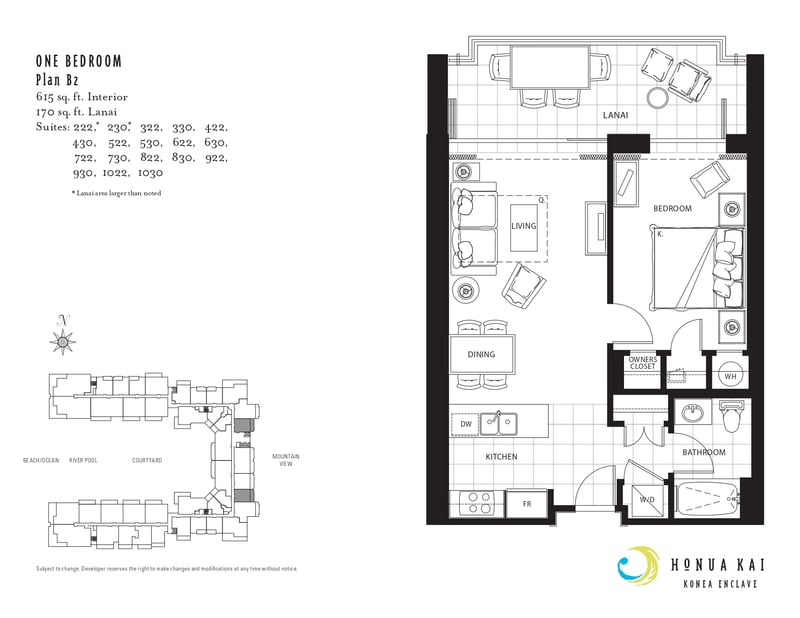 Floor plan at Honua Kai Konea 730 — one-bedroom Plan B2 layout with 615 sq. ft. of interior living space plus a 170 sq. ft. lanai
