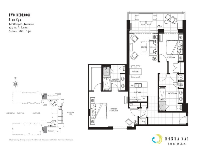 Floor plan for this Two-Bedroom Plan C7a layout at Honua Kai Konea 812, with 1,350 square feet interior plus a 175 square foot lanai.