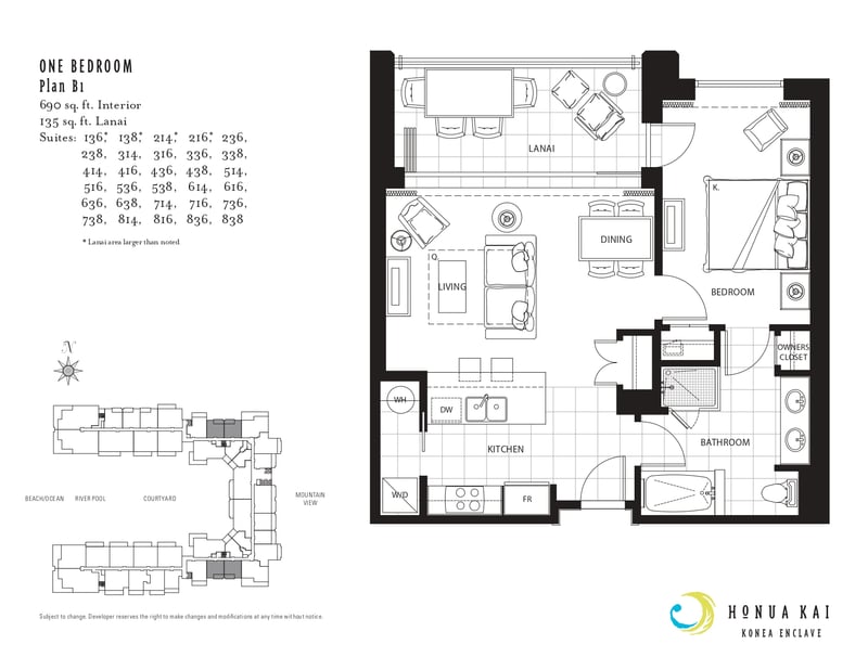 Floor plan at Honua Kai Konea 816 — one-bedroom Plan B1 layout with 690 sq. ft. of interior living space plus a 135 sq. ft. lanai