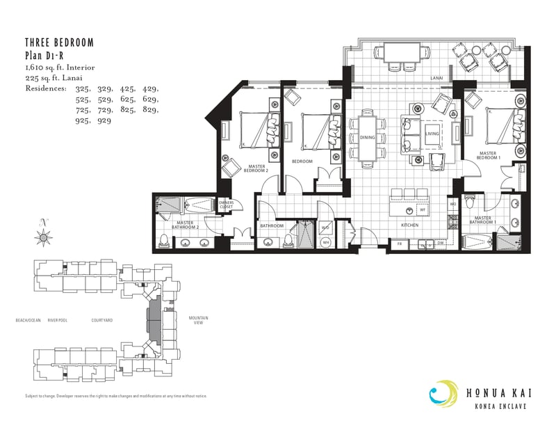 Spacious 3-bedroom layout at Honua Kai with over 1,600 square feet of interior space, two master suites, and an ocean-facing lanai for seamless indoor-outdoor living.