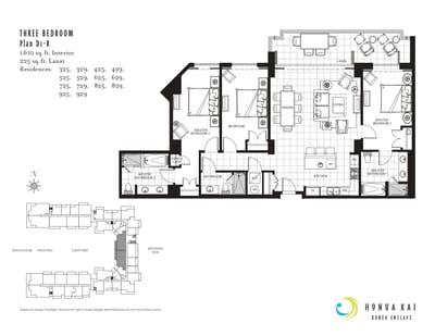 Spacious 3-bedroom layout at Honua Kai with over 1,600 square feet of interior space, two master suites, and an ocean-facing lanai for seamless indoor-outdoor living.