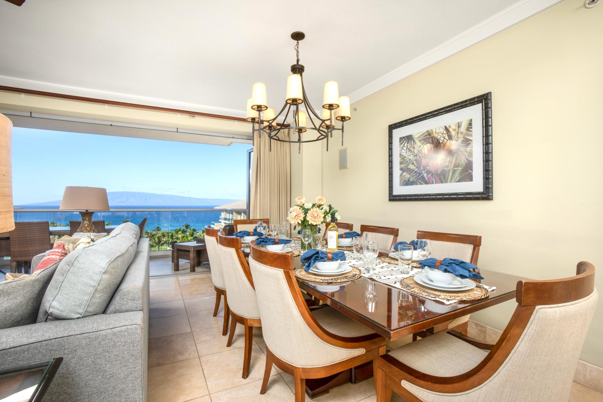 Gather around for ocean views that stretch all the way to Lanai, perfect for unforgettable meals and sunset conversations with family and friends