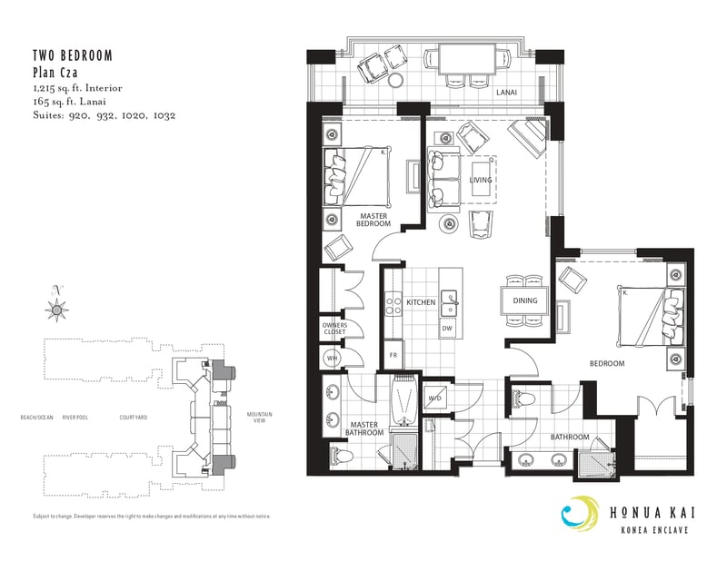 Floor plan at Honua Kai Konea 920 — two-bedroom Plan C2a layout with 1,215 sq. ft. interior and a 165 sq. ft. lanai HKK-920