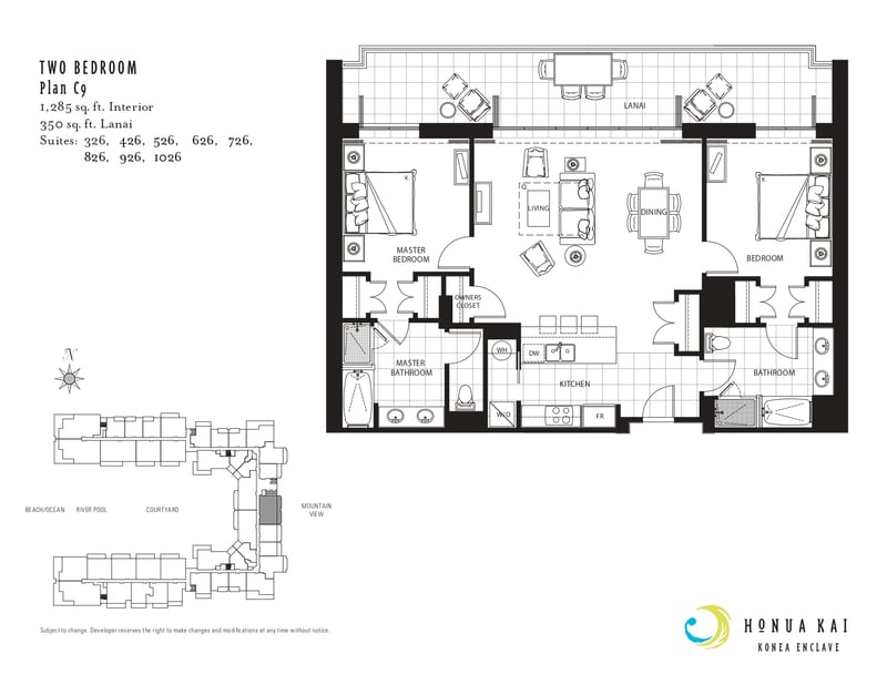 Floor plan for this Two-Bedroom Plan C9 layout at Honua Kai Konea 926, with 1,285 square feet interior plus a 350 square foot lanai.