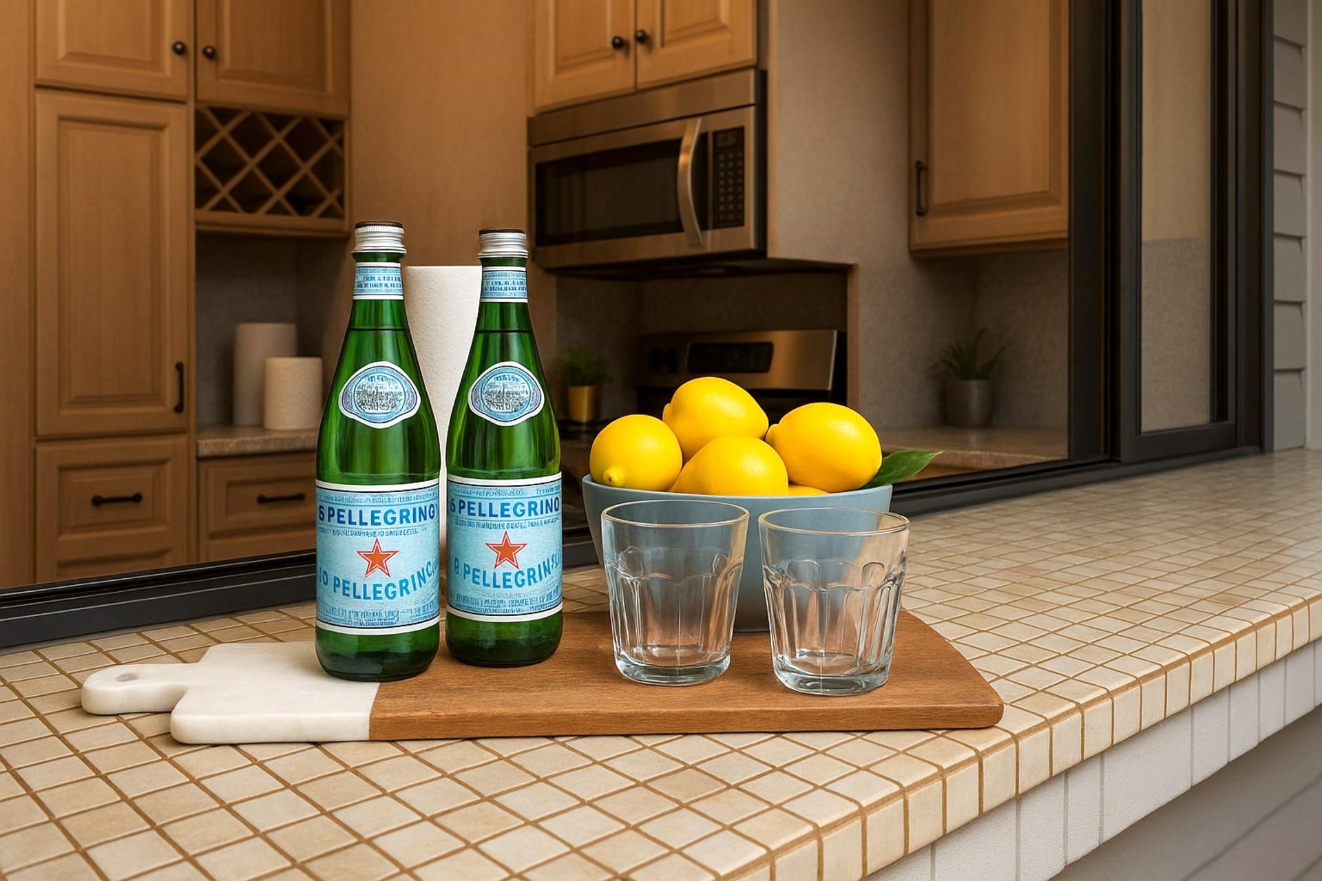 When life gives you lemons… slice them up, pour some sparkling water, and toast to island time on this breezy tile counter   