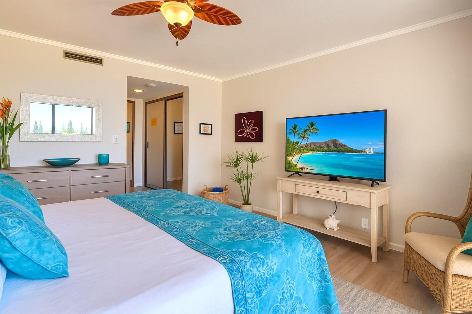 Stylish yet serene, this dreamy bedroom wraps you in beachy elegance with natural textures and vibrant aqua accents