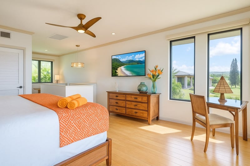 Playful patterns and bright pops of coral bring personality to this dreamy bedroom with a front-row seat to paradise