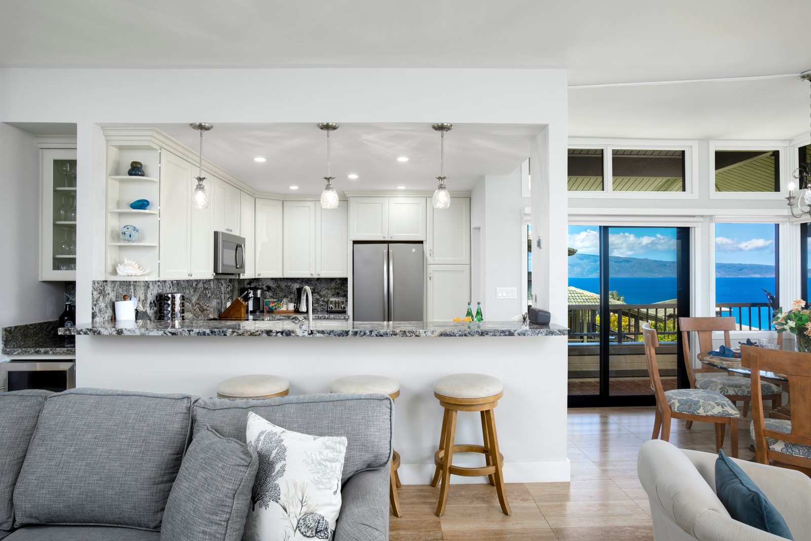 The open floor plan allows you to chat with friends and family when preparing meals