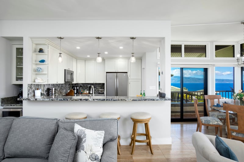The open floor plan allows you to chat with friends and family when preparing meals