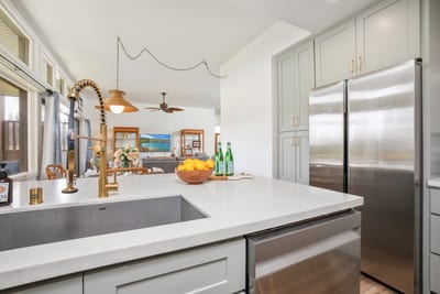 Modern kitchen with stainless steel fridge and deep farmhouse sink KRV-514