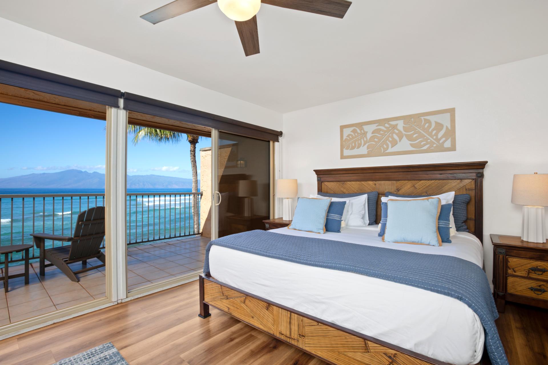 Drift off in a sea of sky blues, then sip sunrise coffee on your private lanai with waves and palms as company   