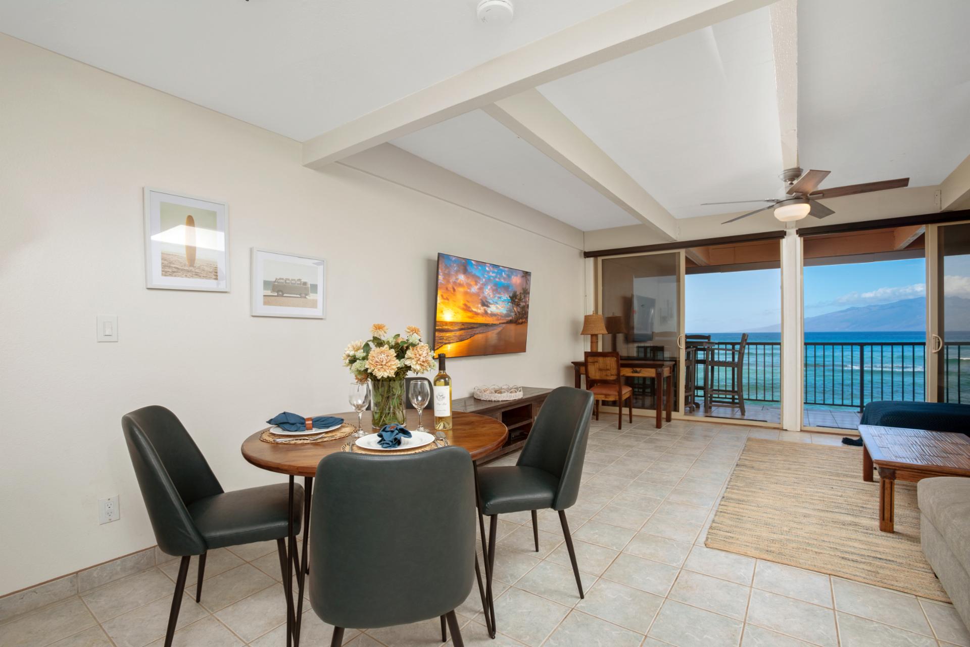 This dining space pairs cozy elegance with sea-kissed charm, perfect for toasting to sunsets and tropical days   