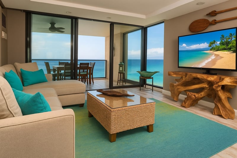 Modern oceanfront suite with tropical decor and stunning balcony views. MAH-1211