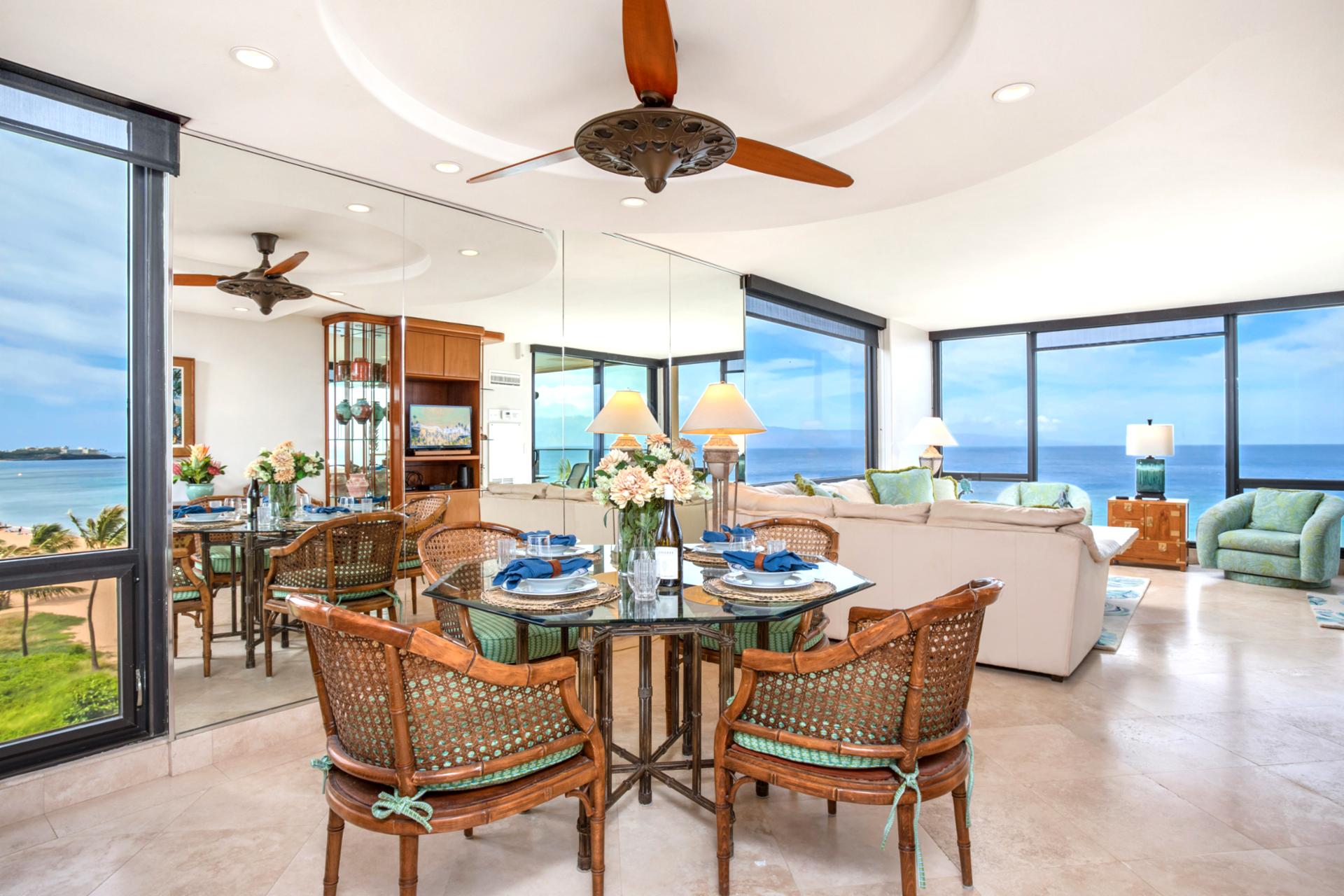 Share meals in style at this beautifully set tropical dining table