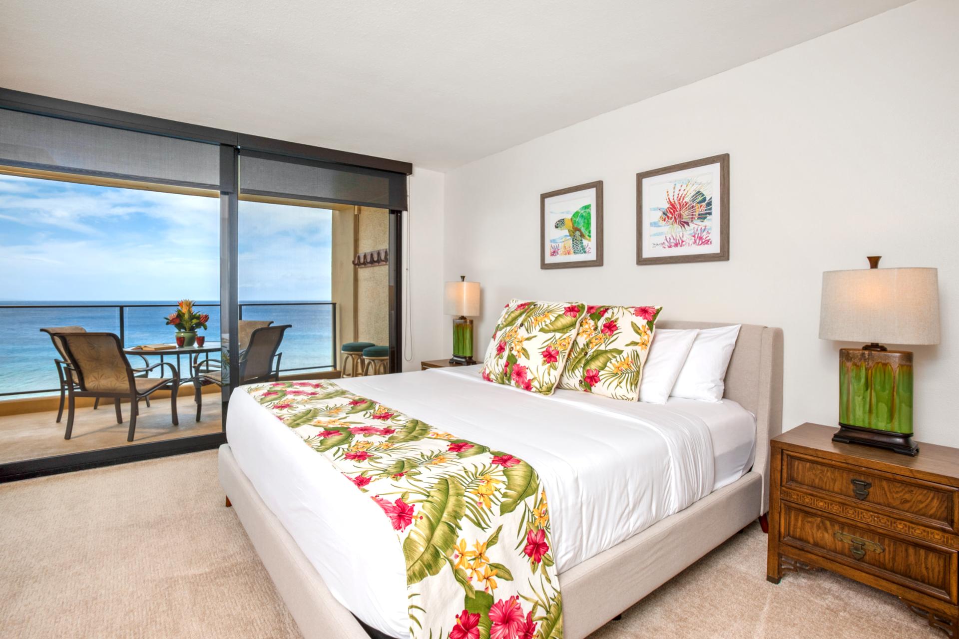 Drift to sleep in a plush king bed with ocean breezes just outside your door