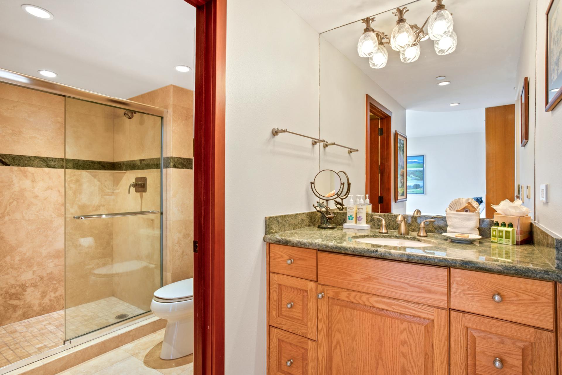 The shower and toilet area feature a separate door for additional privacy if needed