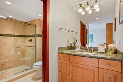 The shower and toilet area feature a separate door for additional privacy if needed
