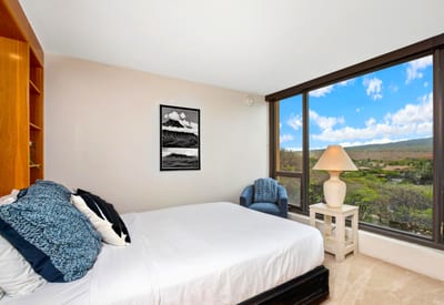 Bright and comfortable guest bedroom featuring a queen bed and wide, spacious windows