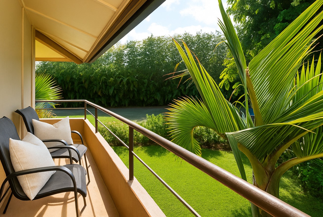 Unwind on this peaceful lanai nestled among lush palms and tropical greenery—your private nook for morning coffee or golden-hour reflection MKV-B242