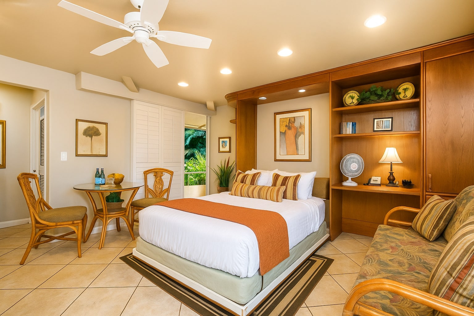 Curl up beneath ceiling fans and island portraits in this cheerful nook with garden breezes and warm textures MKV-B242