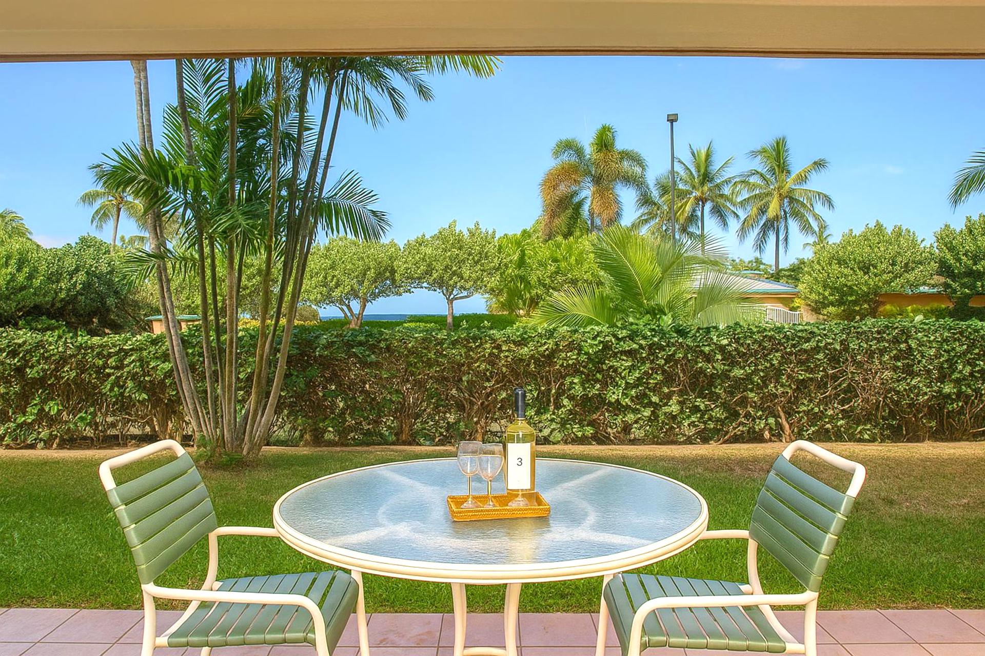 Savor your morning coffee or evening wine on a private lanai framed by rich landscaping and graceful canopy trees