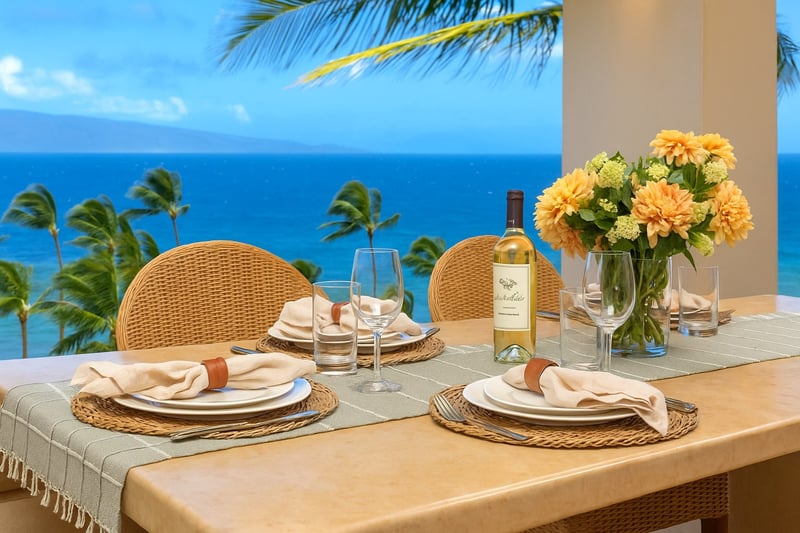 Gather beneath the shade of elegance—rattan chairs, fresh florals, and the Pacific shimmering just beyond your plate