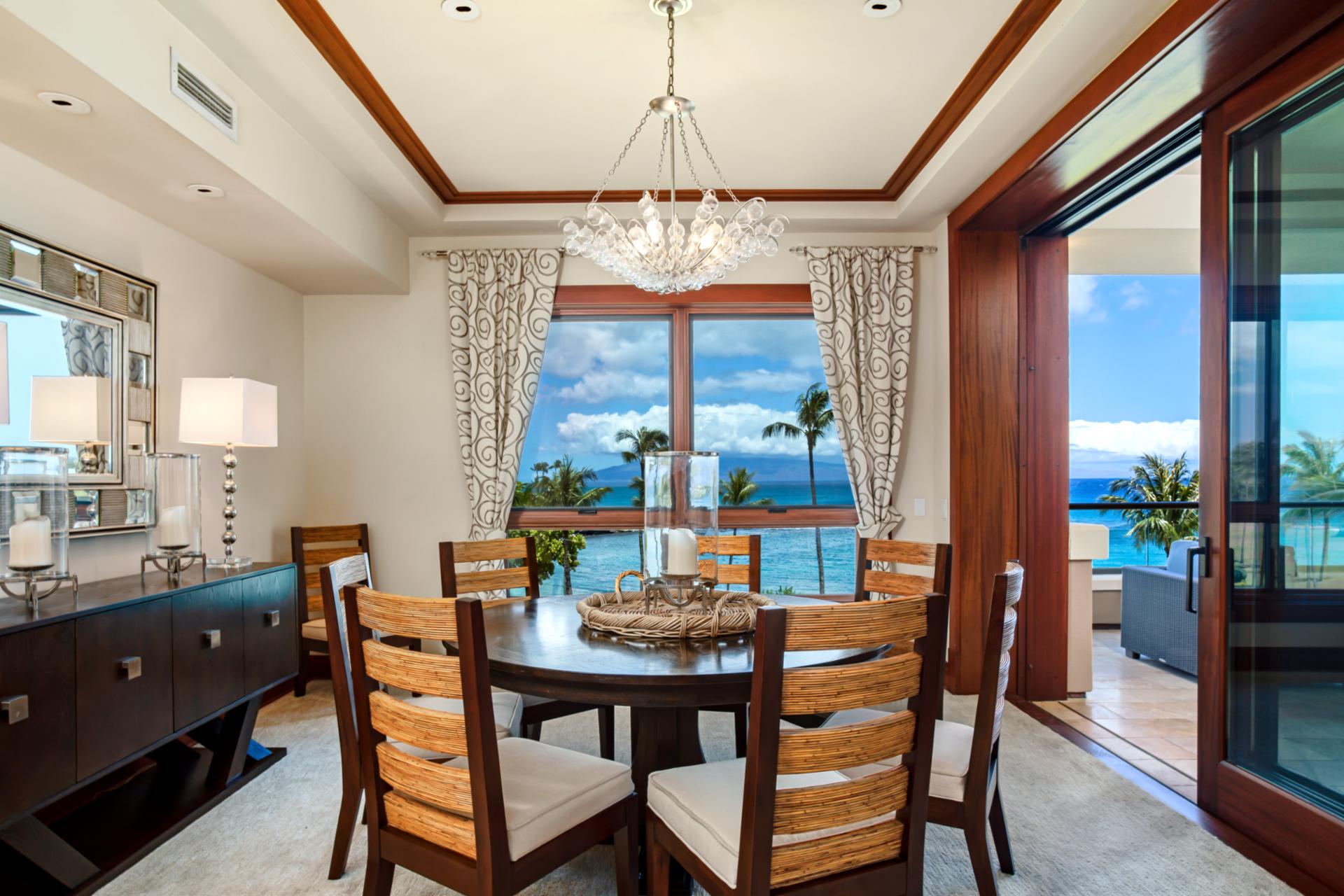 Dine indoors with plenty of light and views of the island landscape