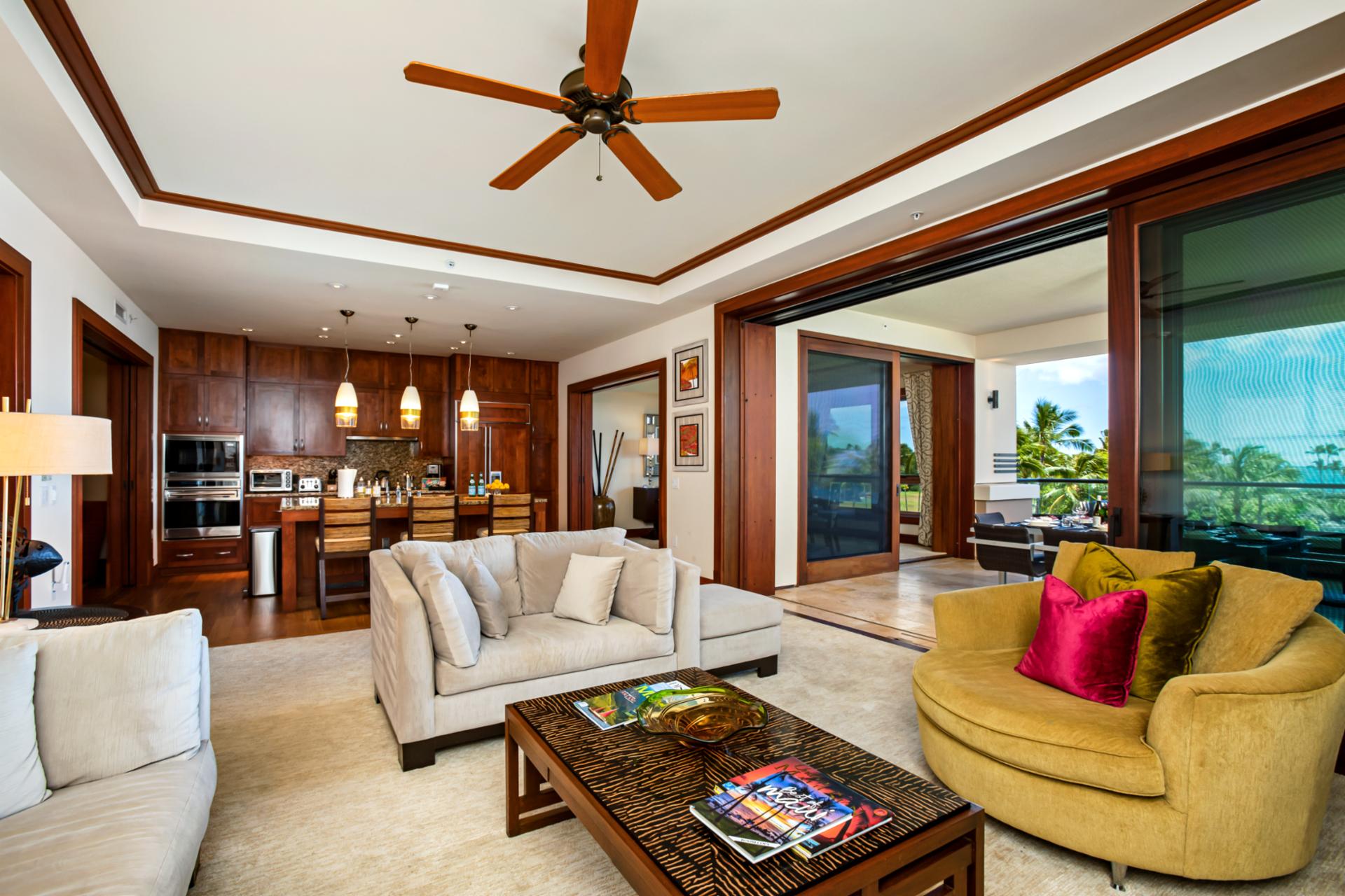 Gather with friends and family in this bright and breezy Maui living space