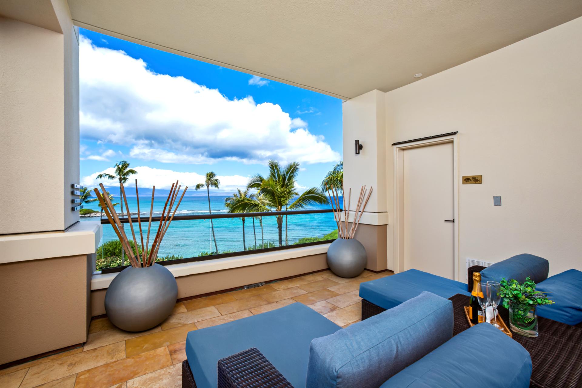 Feel the salty air from this stylish open-air seating area