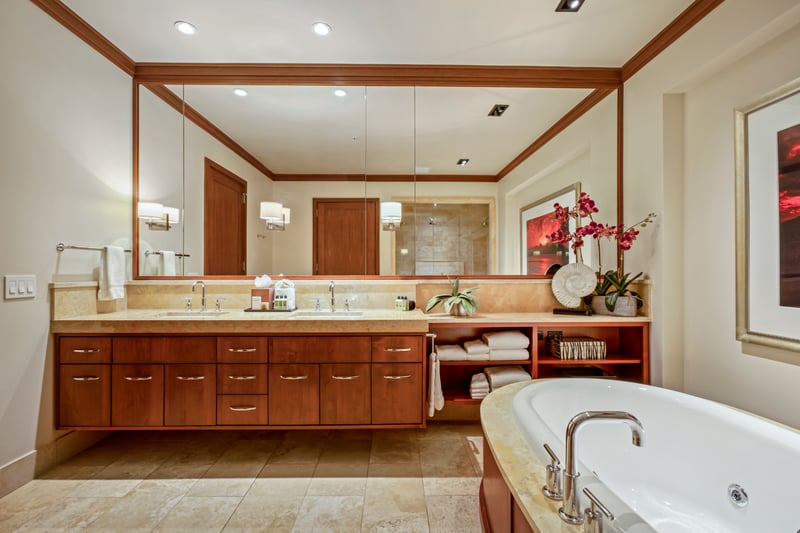 Elegant and tranquil, this master bath features a serene soaking space MON-1303