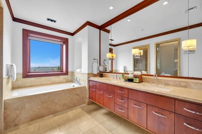 Guest bathroom with double vanities and soaking tub beneath a view-filled window