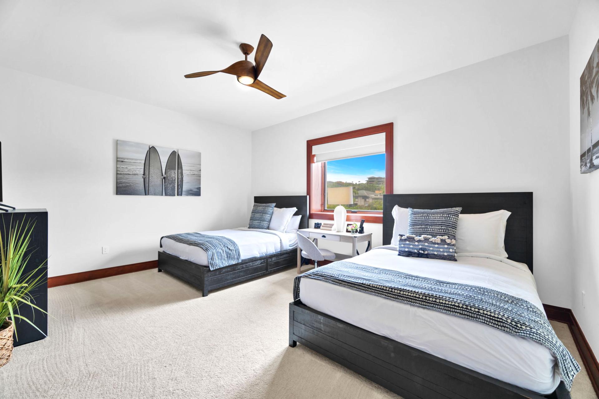 Guest bedroom two with dual beds and natural tones for flexible family comfort